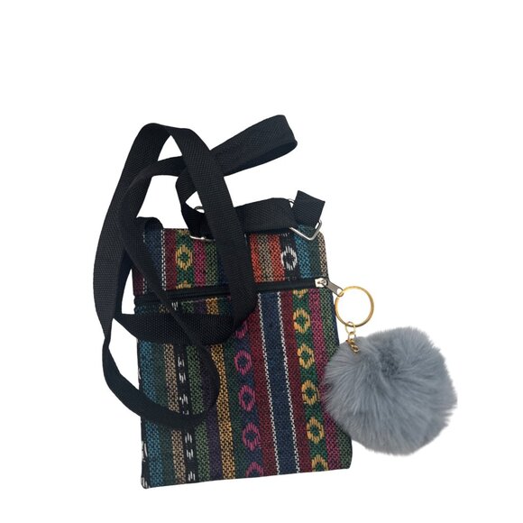 2/$30 Crossbody Bag Multicolor Stripes Gray Faux Mink Pom Pom Keychain NWT - Picture 7 of 11